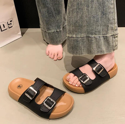 Double Buckle Open Toe Wedge Slide On